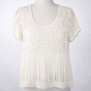 Vintage Boho Festival Open Knit Crochet Tunic Size XL White Coastal Lined Dainty